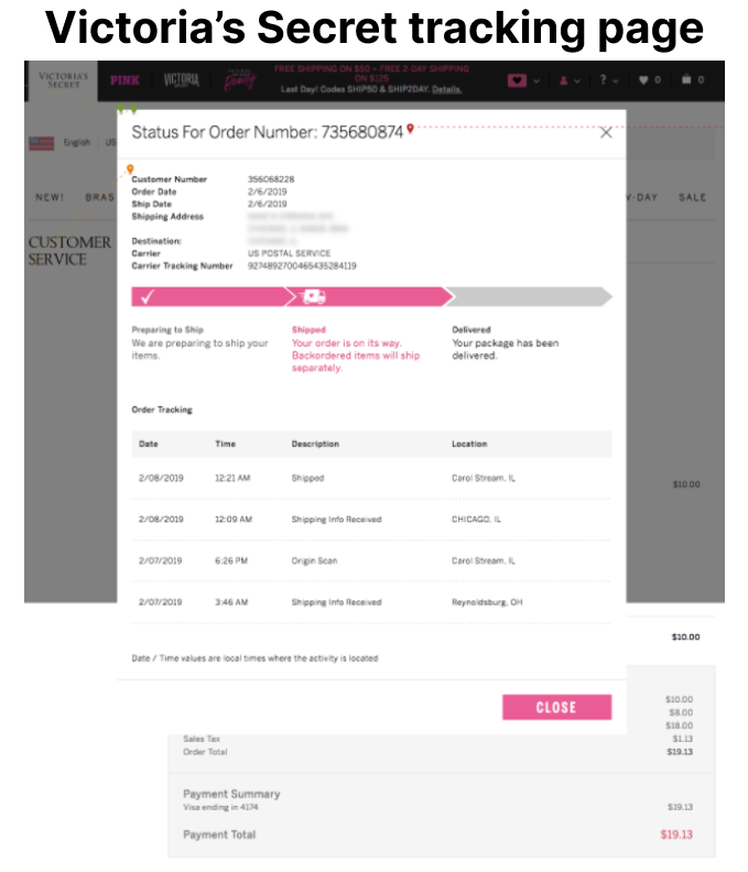 Victoria’s Secret order tracking page Parcelpanel